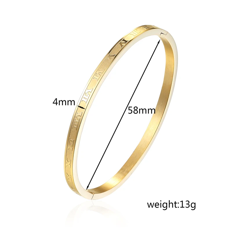 New Arrival 4mm Wide Stainless Steel Carving Roman Numerals Gold Color Woman Bangle Lover Cuff Bracelet Woman Jewelry For Gifts