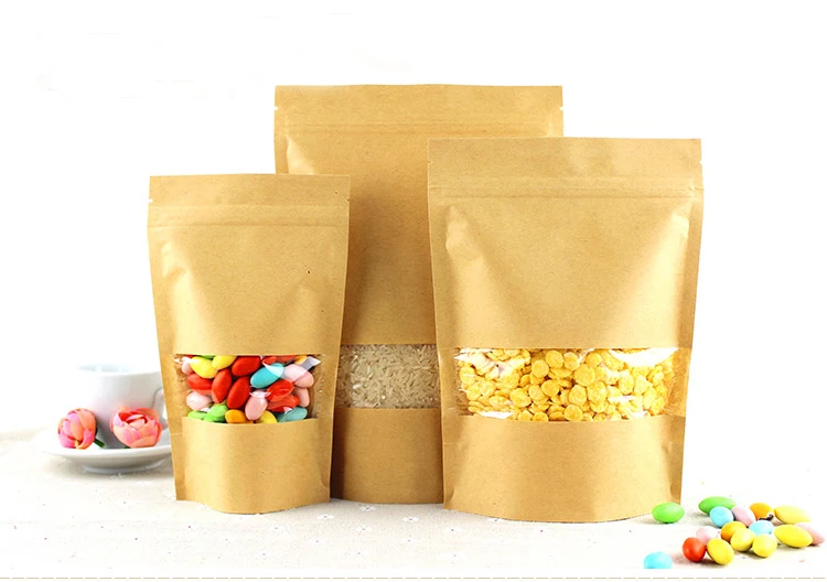 

10*15+3 1000pcs brown self ziplock kraft paper bags with window for gifts sweets and candy food tea jewelry retail package paper