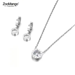 ZooMango Roman Numerals Cubic Zirconia Pendant Necklace Earrings Ring Jewelry Sets Titanium Steel For Wedding Bands ZSE007P