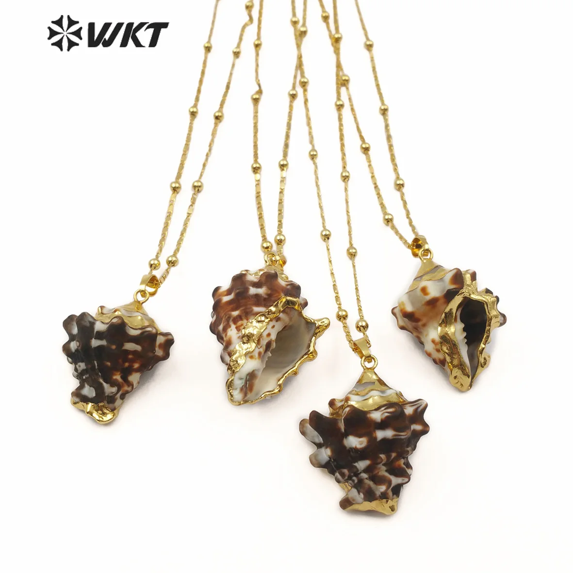 

WT-JN069 WKT Natural Trumpet Shell with Gold Dipped Necklace Brown Color Conch Shell bead chain Necklace jewelry for women gift