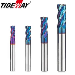 Tungsten Carbide HRC 65 Degree 4 Flutes Nano Blue Coating End Mill Shank 4 6 8 10mm Harden for Aluminum Alloy Milling Cutter