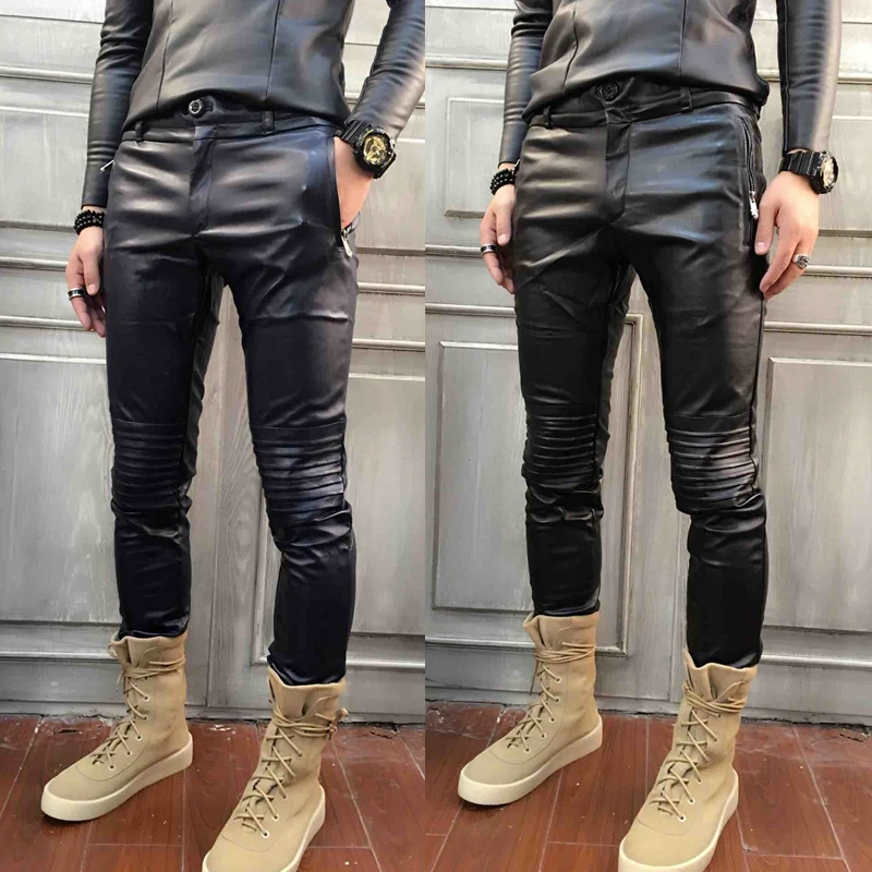 27-46 2024 Men's Clothing Hair Stylist Fashion Hip Hop Motorcycle Locomotive Leather Pants Trousers Plus Size Costumes