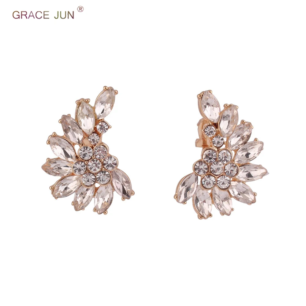 GRACE JUN White and Black Color Clip on Earrings No Pierced for Women Gold Color Big Wing Earrings Charm Jewelry Ear Clip New