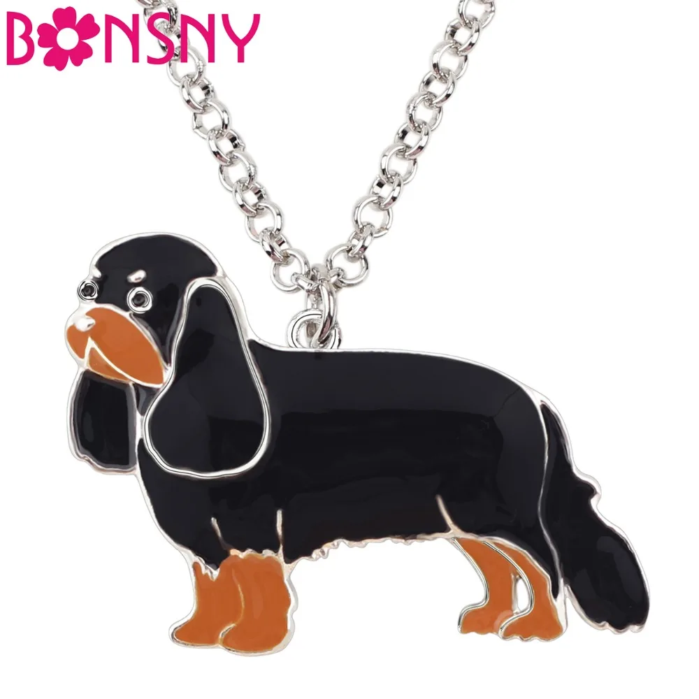 Bonsny Alloy Enamel Anime Cavalier King Charles Spaniel Dog Necklace Choker Collar Pendant Fashion For Women Girl Animal Jewelry