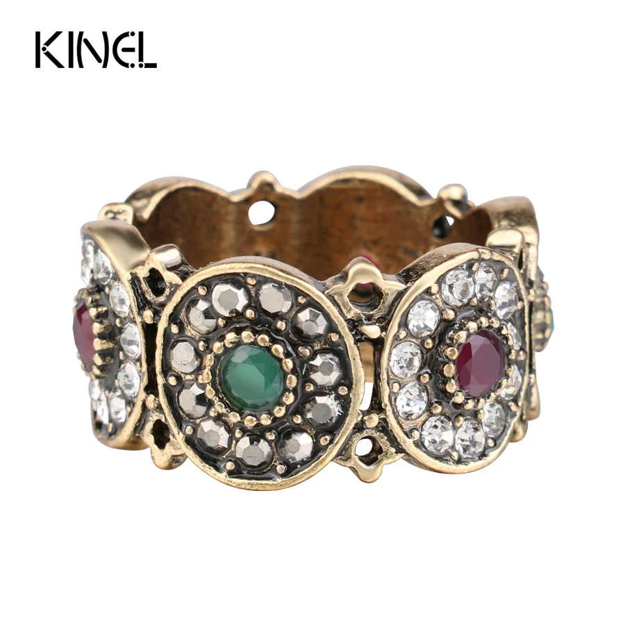 Kinel Turkey Rings For Women Hollow Vintage Wedding Ring Jewelry Ancient Gold Color Colorful Resin Stone Anillos Mujer