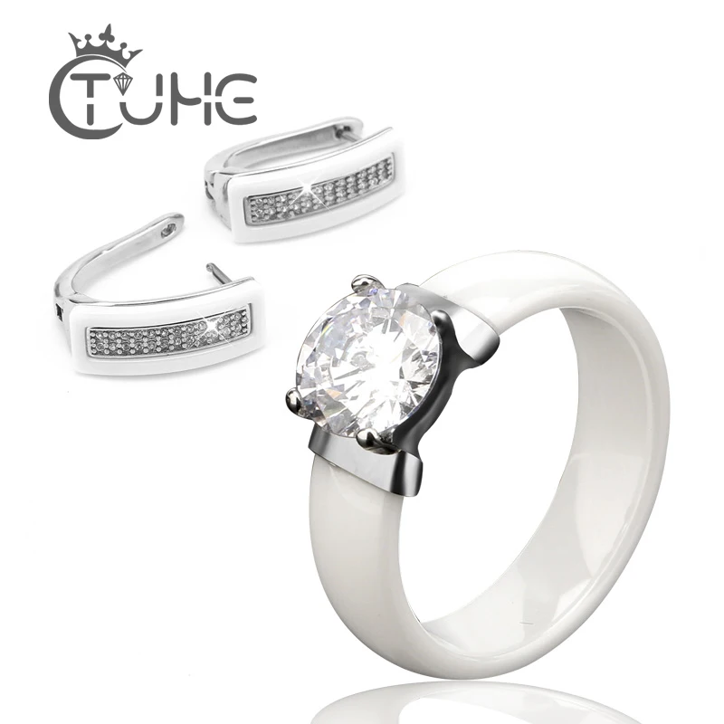 Jewelry Set Black White Ceramic Ring & Earrings With Big Carat CZ Wedding Accessories U Shape Stud Earrings And Rings For Women