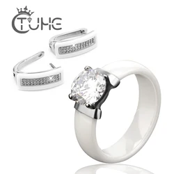 Jewelry Set Black White Ceramic Ring & Earrings With Big Carat CZ Wedding Accessories U Shape Stud Earrings And Rings For Women