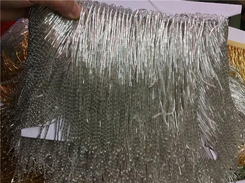 H-1007 new 5yards silver color  small long tube beads ribbon tassel fringe 15 cm width for decoration dress/fashion designer