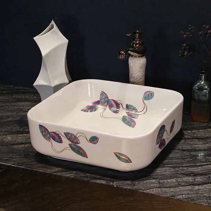 

Square shape Europe style chinese washbasin sink Jingdezhen Art Counter Top ceramic bathroom sink vanity bathroom sink