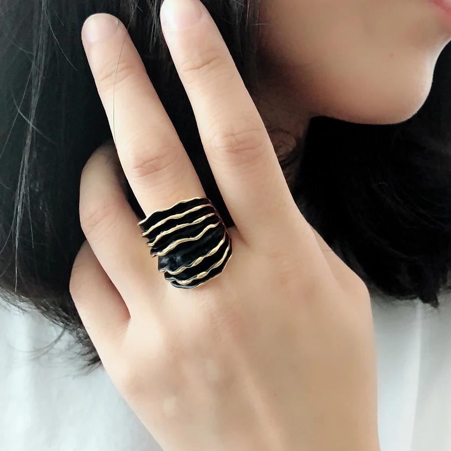 Kinel Fashion Gold/Silver Color Punk Ring Wide Chunky Stripes Enamel Wave Line Statement Ring For Women Jewelry