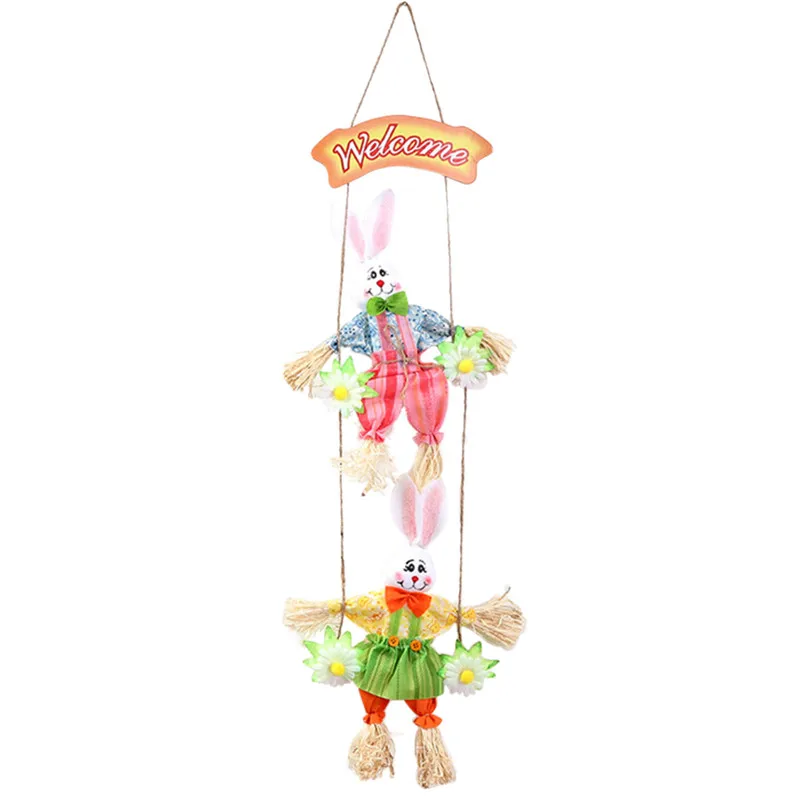 Funpa Easter Hanging Decor Funny Double Bunny With Welcome Sign DIY Handmade Easter Hanging Accessories Party Hanging Decor New