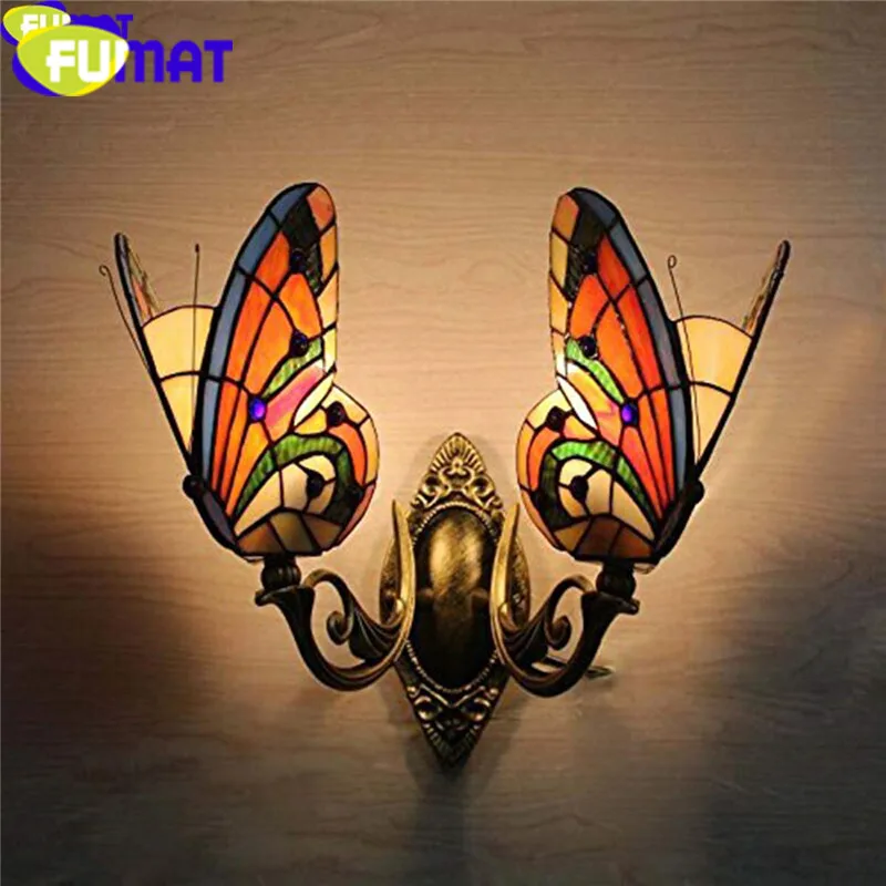 FUMAT Stained Glass Wall Lamp Tiffany LED Butterfly 2 Arms Wall Sconce Light Fixture Art Lamps Mirror light  home deco Wall Lamp