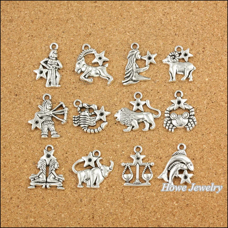 

120 pcs Vintage Charms Zodiac twelve constellations sign Pendant Fit Bracelets Necklace DIY Metal Jewelry Making