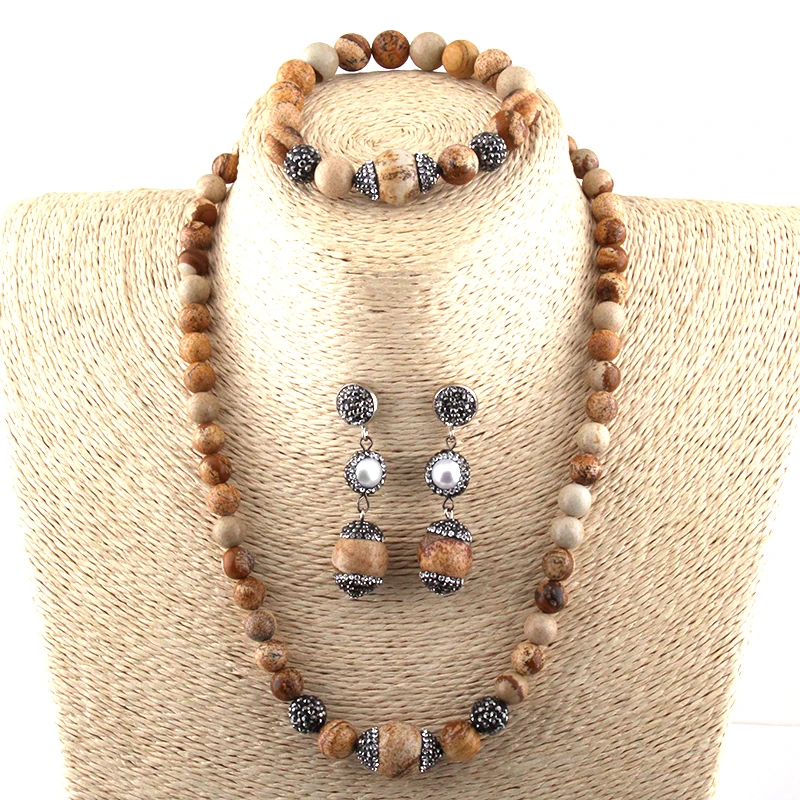 Free Shipping Fashion Bohemian Jewelry Set Natural Stones Strand Bracelets Handmake Paved Stone Necklace Bracelet Earring Sets