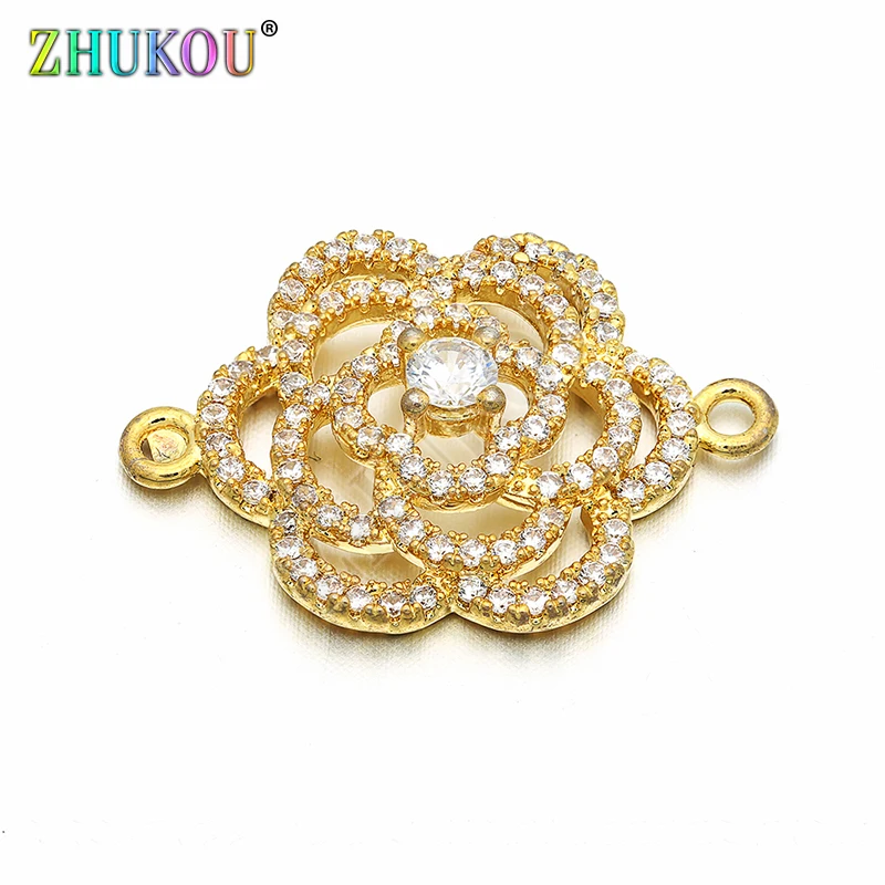 18*25mm Brass Cubic Zirconia Crystal Flower Charms Connectors for Diy Jewelry Findings, Hole: 1.6mm, Model: VS46