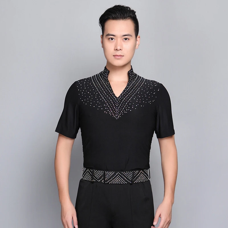 2021 Latin Dance Shirts Men Short Sleeve V Neck Sequin Middle East Diamond Tops Ballroom Shirt Competition Dancing Clothes