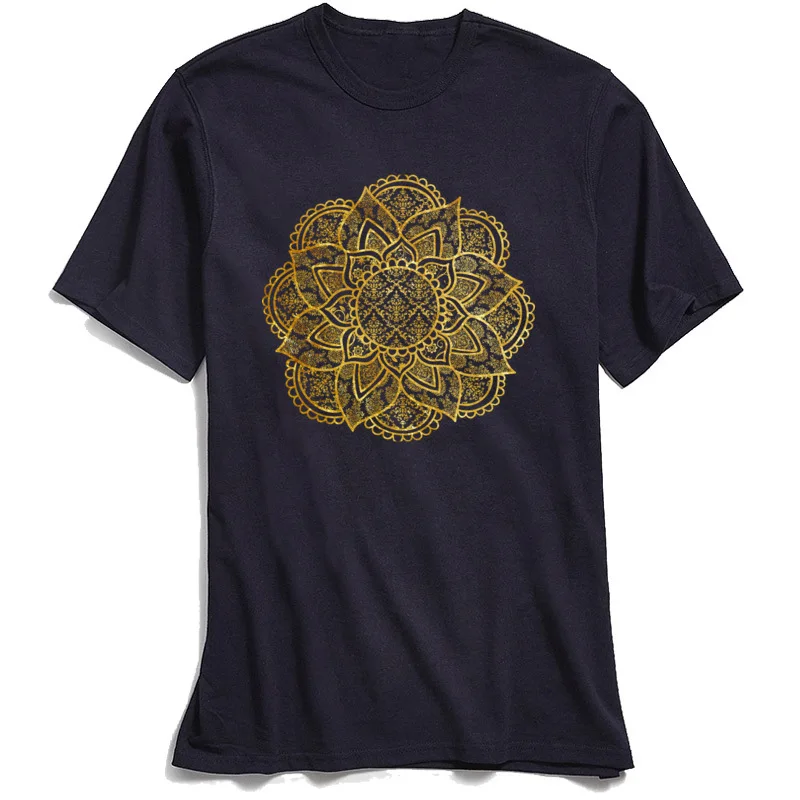 Punk Men Tshirt Green T Shirt Mandala Fancy Golden Geometric T-shirts 100% Cotton O Neck Mens Tops Tees Vintage Design