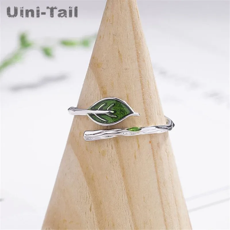 Uini-Tail hot new 925 Tibetan silver art small fresh branch green leaf ring Creative simple opening adjustable ring  JZ144