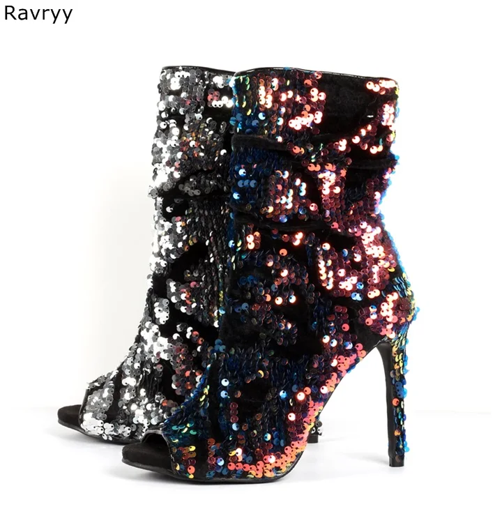 2019 Fashion Woman Ankle Boots Bling Bling paillette colorful Female Short Boot Peep Toe Thin Heel Hot Fashion Autumn Winter