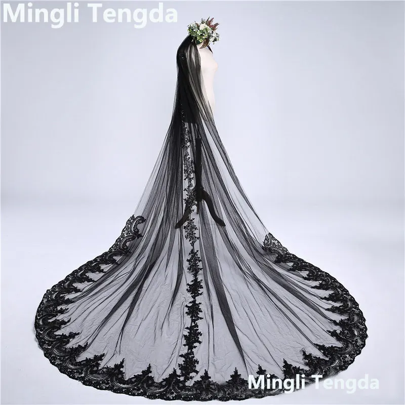 

One Layer 3 M Long Wedding Veil Black Lace Bridal Veil with Comb Velos De Novia Sequins Lace Edge Cathedral Veils Mingli Tengda