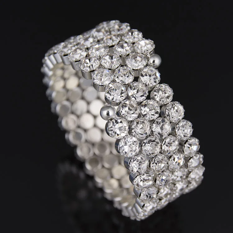 Fashion Bridal Jewelry Three & Four Rows Crystal Rhinestones Silver Color Bracelets for Women Wedding