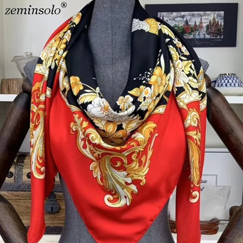 100% Silk Scarf Women Large Shawls Floral Printed Scarves Stoles Square Bandana Luxury Brand Scarf Female Foulards 130*130cm