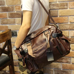 Bolso de mano de negocios para hombre, bolsa de mano de cuero pu vintage con cremallera, bandolera para ordenador portátil, bolsas de equipaje de viaje, bolsa de lona grande