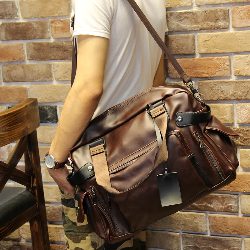 fashion men business tote handbag vintage pu leather zipper messenger shoulder laptop bag travel luggage bags large duffle bolsa