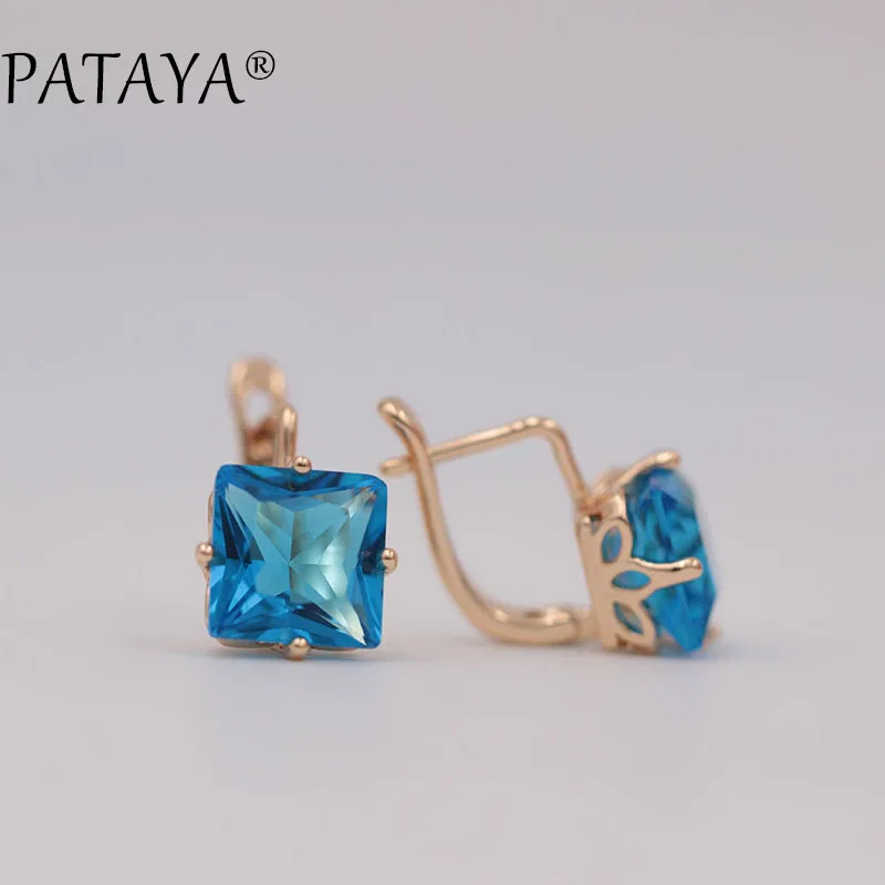 PATAYA New Trendy Wedding Earrings Women 585 Rose Gold Color Jewelry Fashion Big Square Pink Natural Zircon Luxury Drop Earrings