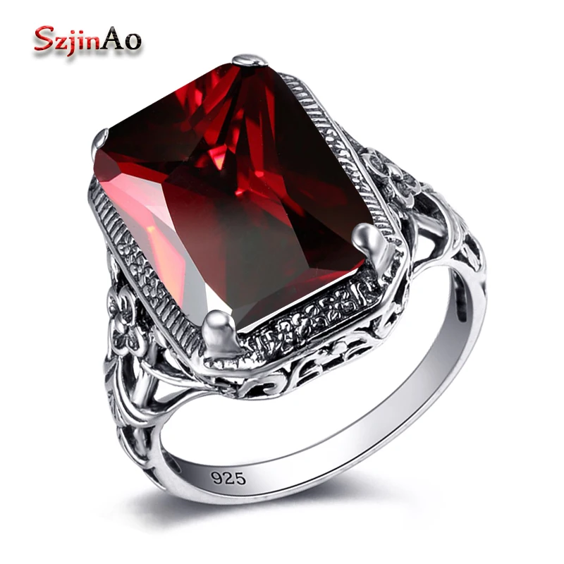 Szjinao Handmade moda luksusowe obrączki 925 srebro Gorgeous Garnet pierścionki dla kobiet w stylu Vintage biżuteria hurtowych
