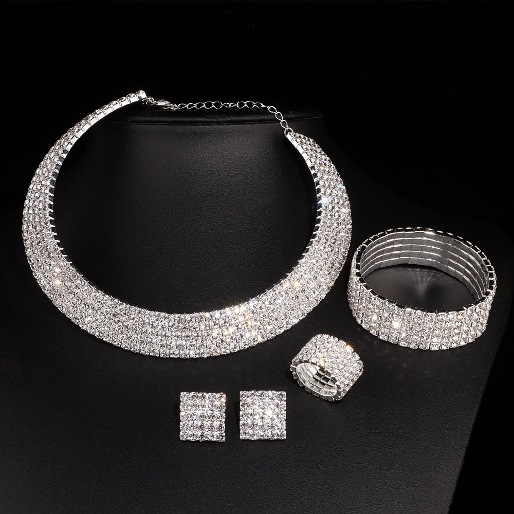 2023 New Luxury Romantic Crystal Wedding Jewelry Sets Silver Color Bridal Necklace Earrings Bracelets Ring Sets For Women W001
