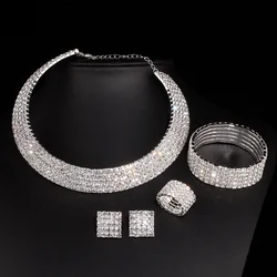 2023 New Luxury Romantic Crystal Wedding Jewelry Sets Silver Color Bridal Necklace Earrings Bracelets Ring Sets For Women W001