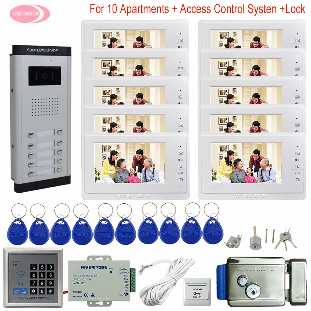 

7" Color Video Intercom 6-12 Apartments Housephone to House Access Control System + Electronic Control Lock Door Video Camera