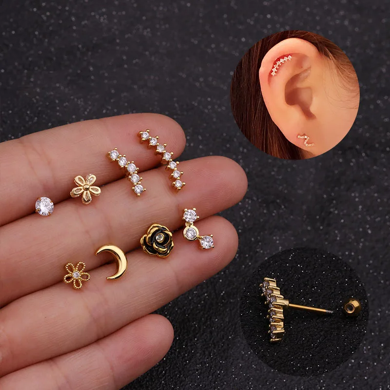 1Pc Flower Moon Long Cz Ear Studs Helix Piercing Cartilage Earring Conch Rook Tragus Stud Ear Piercing Jewelry women accessories