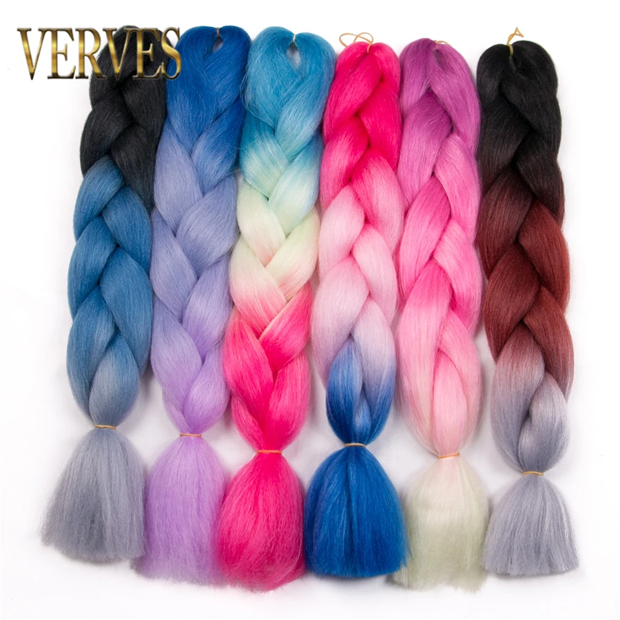 VERVES Synthetic Braiding Hair DIY 24 inch Jumbo Braid 100g/piece Extension Pure Ombre Braids for Women Pink Blue Purple Black