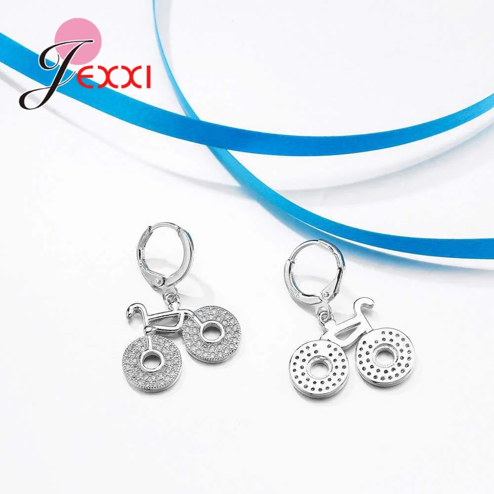 Cute Bike Shape Pendant Necklace & Earrings Fashion 925 Sterling Silver Color Jewelry Set With Clear Zircon Woman Party Gift