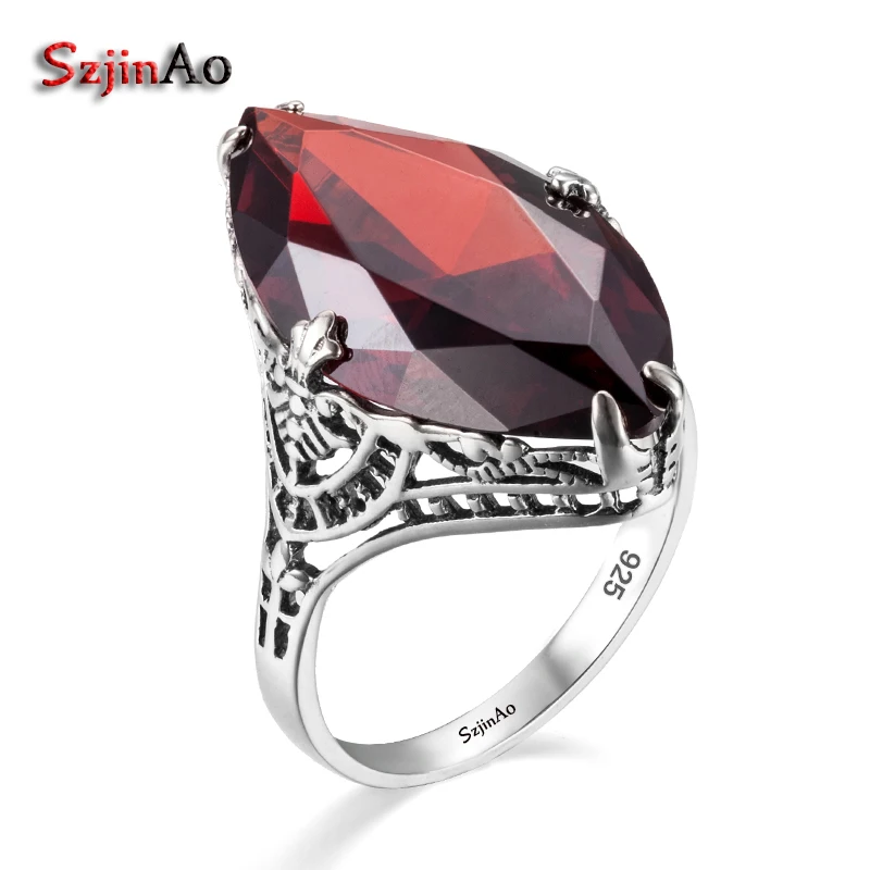 Imagem -02 - Szjinao-real 925 Sterling Silver Marquise Anel para Mulheres Gemstone Granada Vintage Jóias de Noivado de Casamento Marca Famosa 14x26 mm