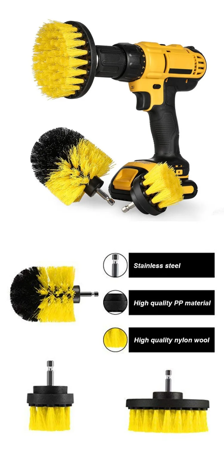 UNTIOR 3 Teile/satz Elektrische Wäscher Pinsel Bohrer Pinsel Kit Kunststoff Runde Reinigung Für Teppich Glas Auto Reifen Nylon Pinsel – Detail 2