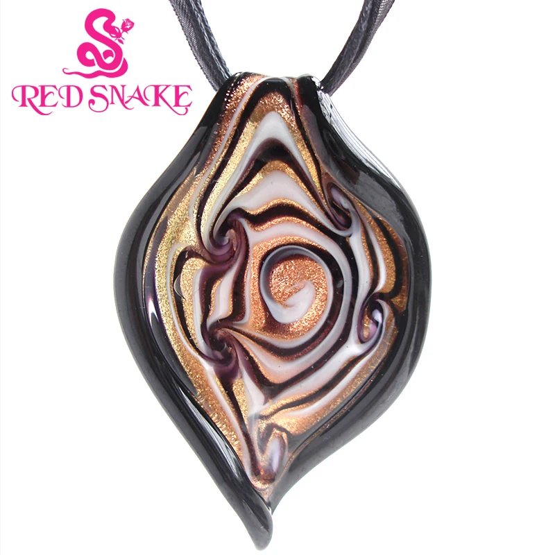 

RED SNAKE Golden with Black color Leaf Drop Abstract pattern Murano Glass Pendant Necklace