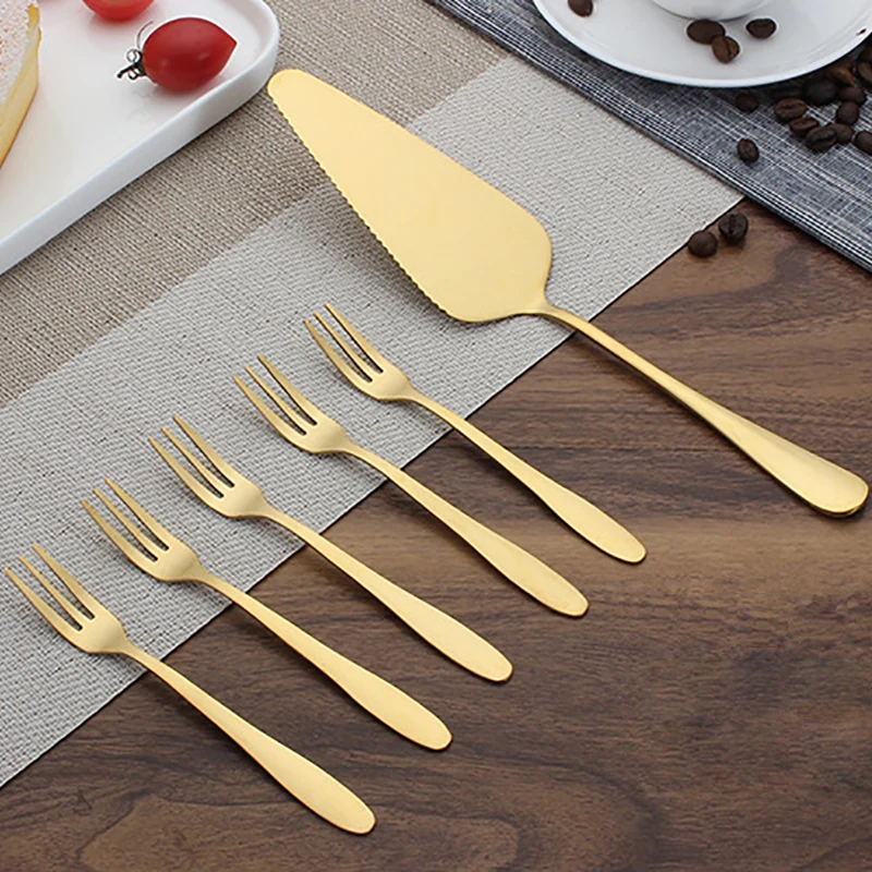 

5-6pcs Gold Cake Spatula Forks Set Stainless steel Afternoon Cakes Shovel Dessert Fruit Fork Wedding Birthday Party Server