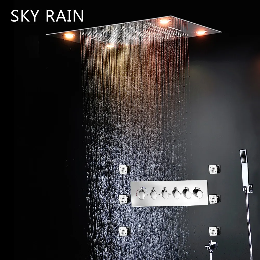 Luxury 32x24inch 800x600mm Big LED Shower Head Panel Set Thermostatic Mixer Valve Multi Modes Massage SPA Shower System Wall Jet