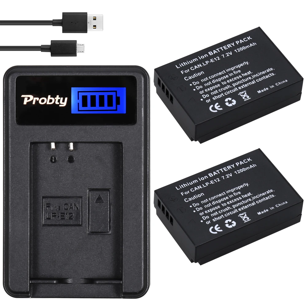 

PROBTY 2pcs LP-E12 LP E12 Battery + LCD USB Charger For Canon M 100D Kiss X7 Rebel SL1 EOS M10 DSLR Camera 1200mAh