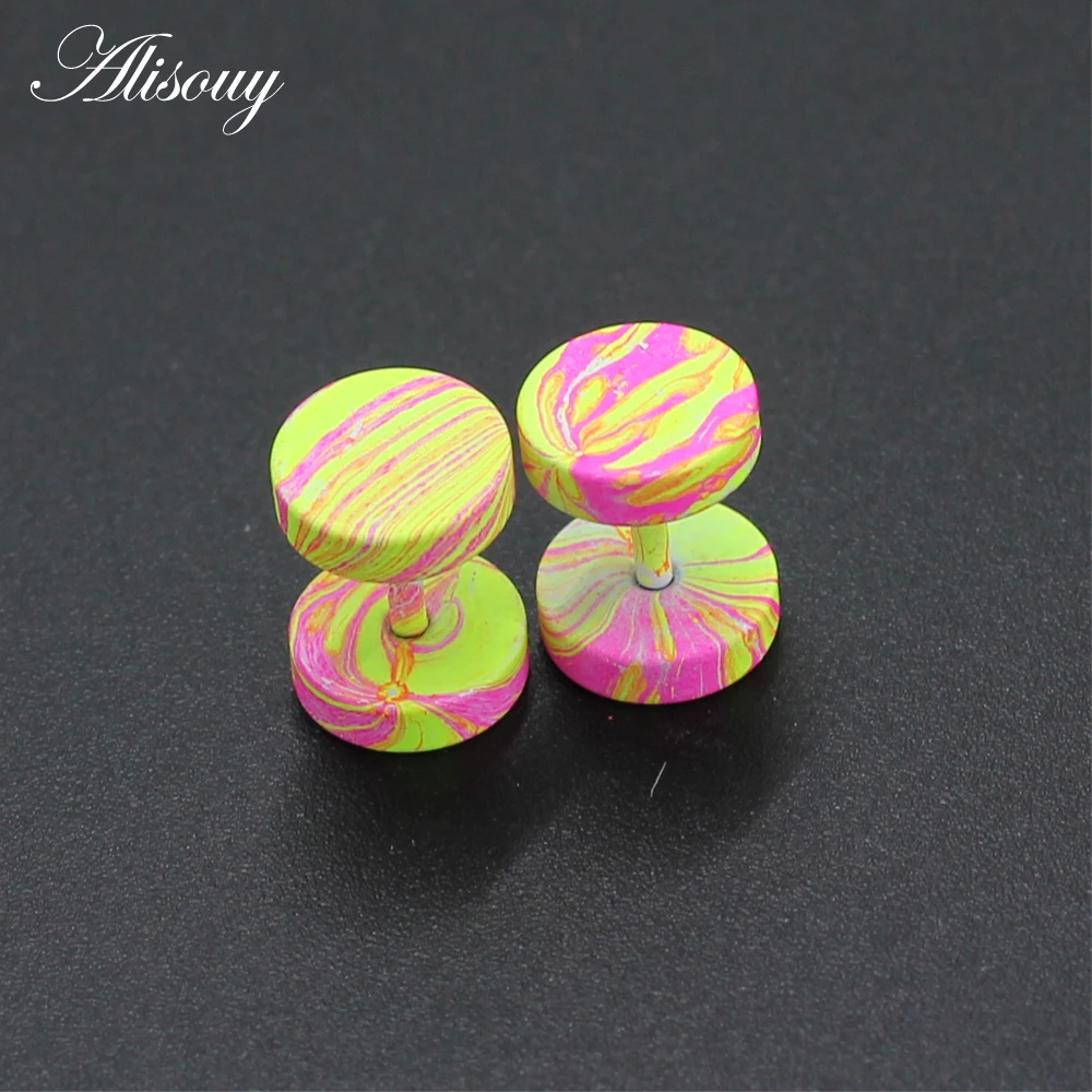 Alisouy 1 pair fashion men cool fake ear plugs Round stud earrings 8mm stainless steel Nightclub candy color Paint Punk jewelry