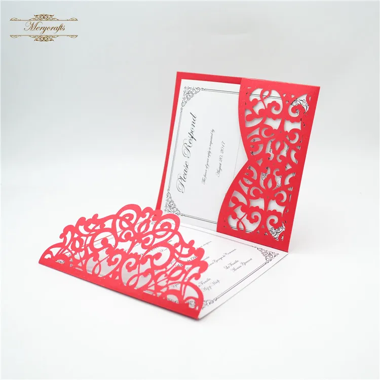 

Latest pocket laser cut red wedding invitation card tri fold designs