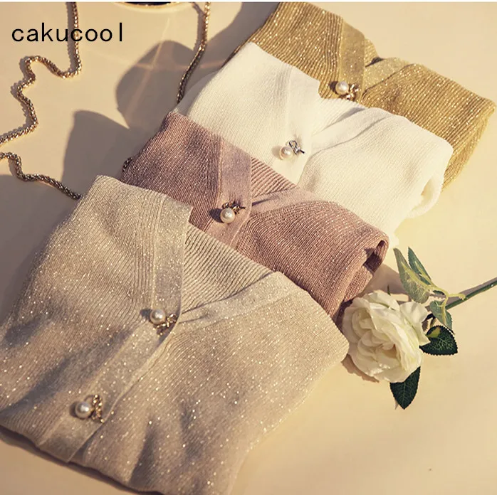 Cakucool Korean V neck Single Breasted Cardigans Women Slim Casual Gold Shiny Lurex Basic Knit Coat Sweater Casaco Female 6color