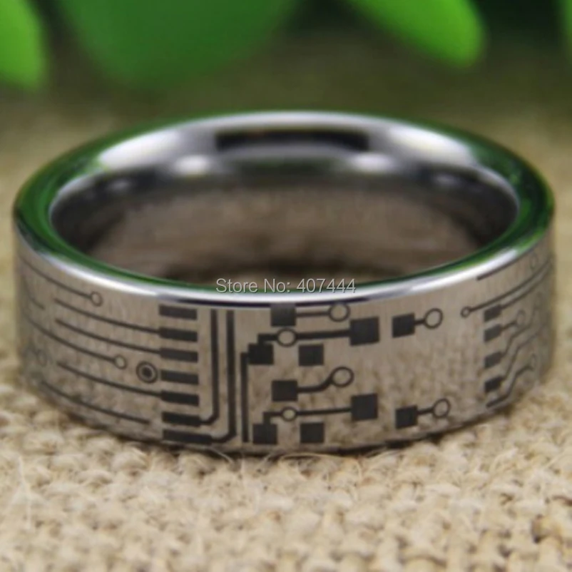 Free Shipping YGK JEWELRY Hot Sales 8MM Comfort Fit CIRCUIT BOARD DESIGN Silver Pipe New Tungsten Wedding Ring