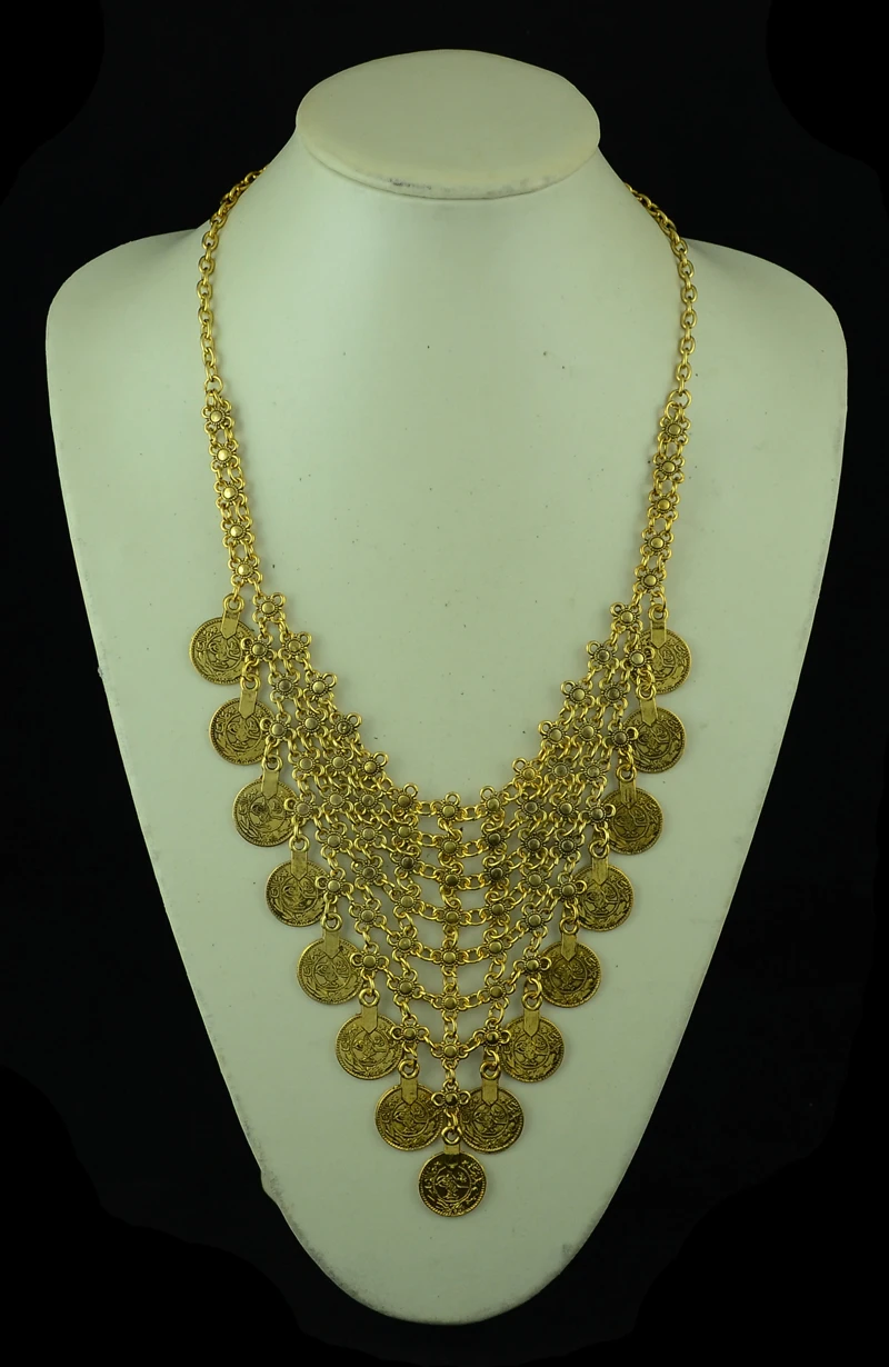 Gypsy Bohemian Ethnic Gold Color Turkish Gypsy Bib Coin Necklace Boho Beach Choker Necklace for Women Indian Jewelry