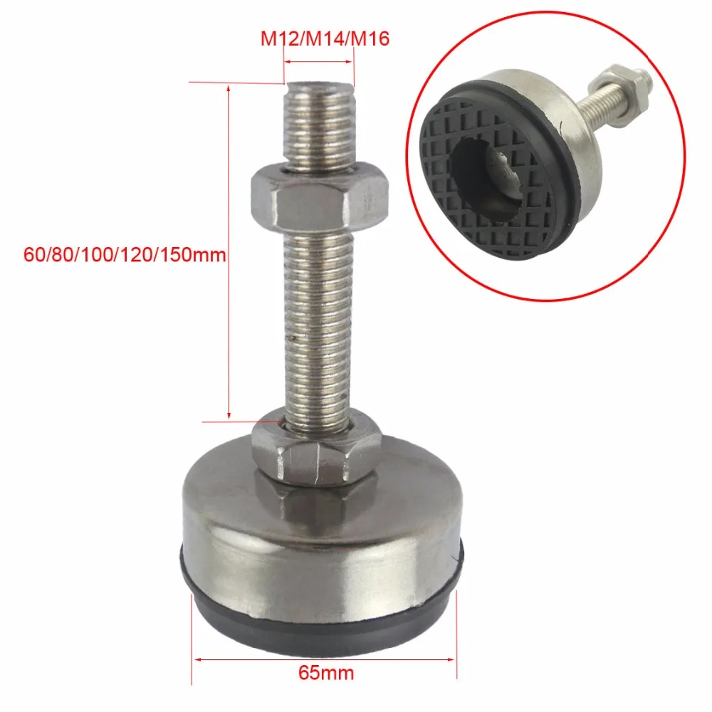 2pcs M12/M14/M16 Thread Adjustable Foot Cups 65mm Diameter 304Stainless Non-skid Base 100mm Length Articulated Leveling Foot