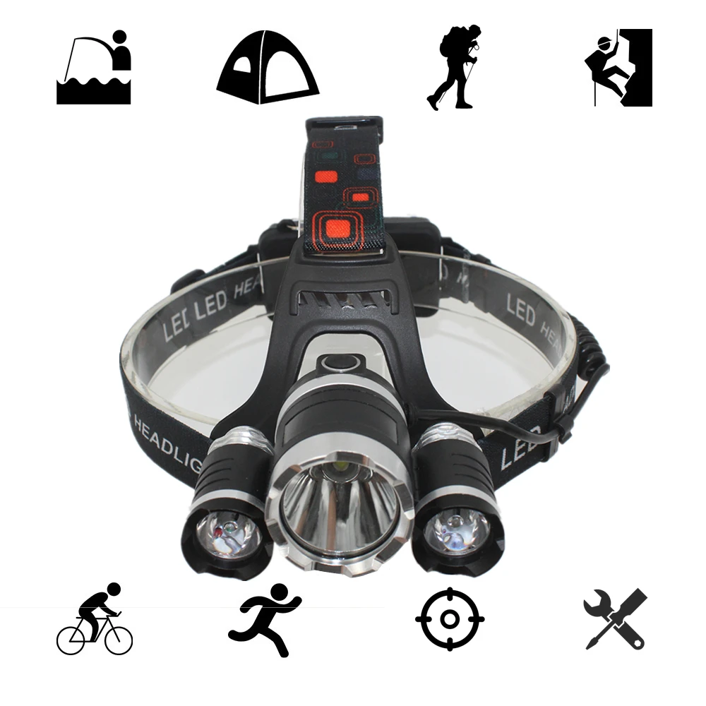 

LED Headlamp T6 +2*R5 Headlight Rechargeable Head Lamp Lighting Flashlight Lantern Fishing Hunting Light +18650 Battery +Charger