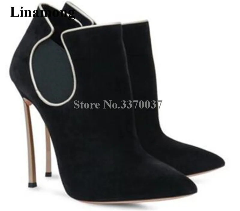 

Brand Design Women Fashion Pointed Toe Suede Leather Metal Stiletto Heel Short Boots Sexy Strange Heel Ankle Booties Dress Shoes